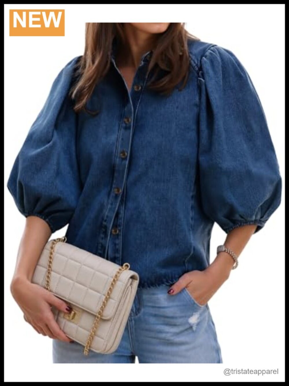 Denim Button Down Shirt with Puff Sleeves - Lightweight Cotton Blend